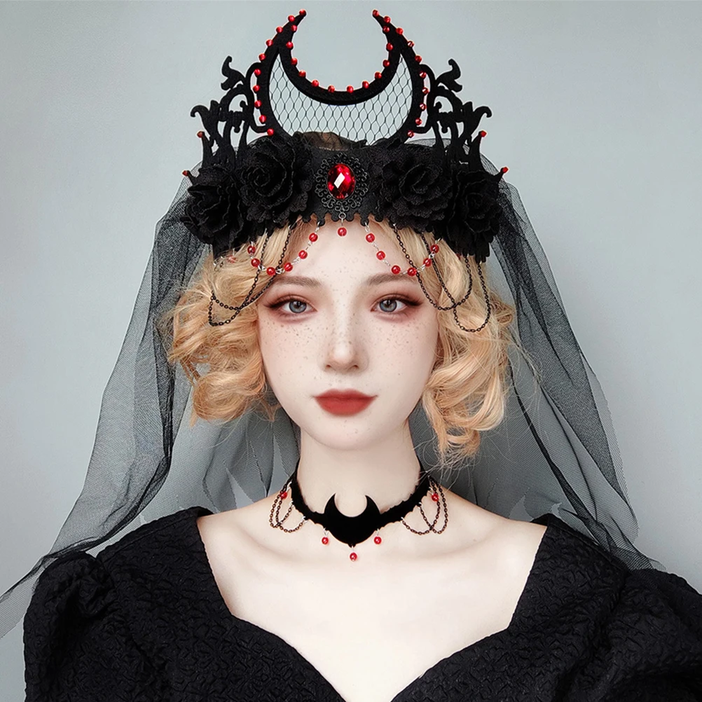 Gothic Crown Headpiece Mesh Veil Crystal Beads Halloween Costumes For Women Halloween Women Costume Accessory Hair Decor