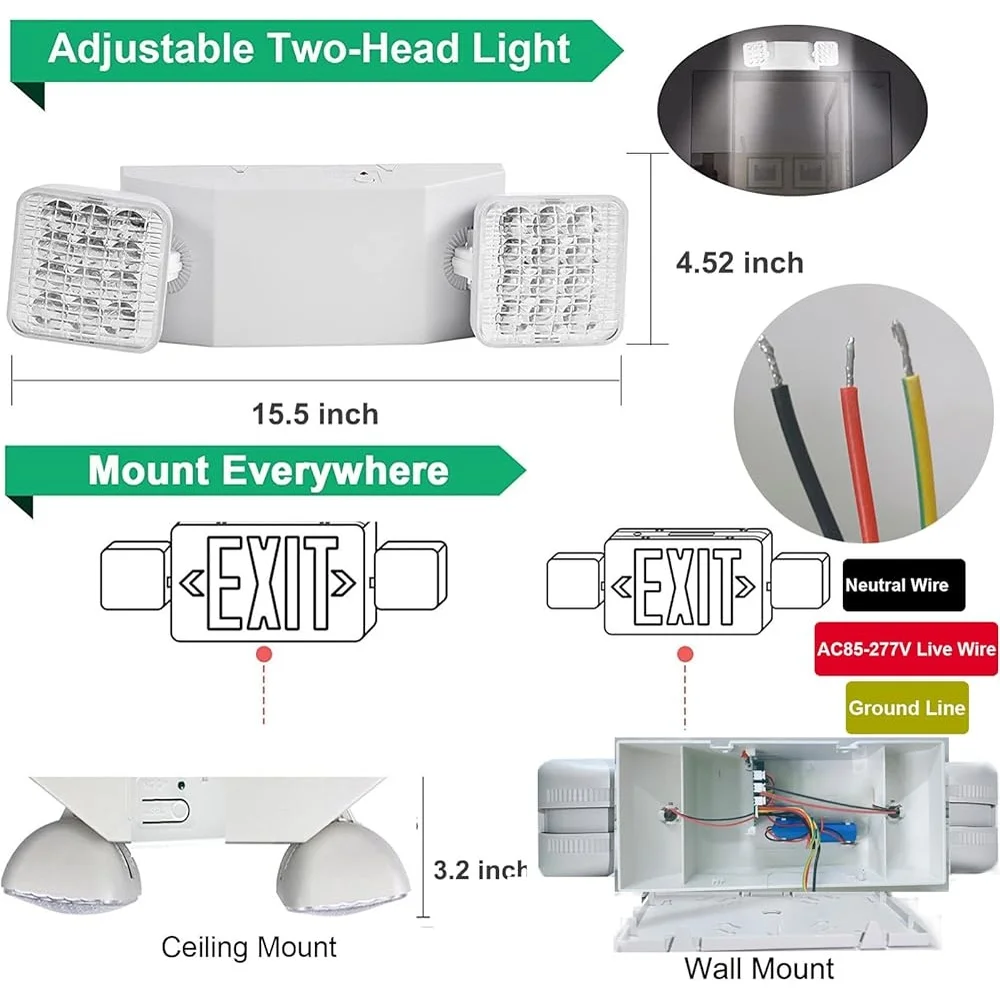 Luzes de emergência 6 pacotes de bateria de backup cabeça dupla ajustável dispositivo elétrico de segurança com fio grau comercial uso interno e externo