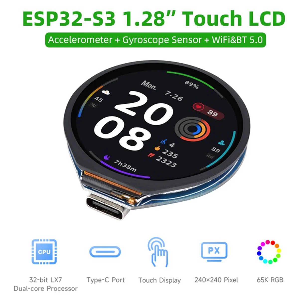 ESP32-S3 Development Board 1.28 Inch Touch Screen Round LCD Display with WiFi Bluetooth Accelerometer Gyroscope Sensor