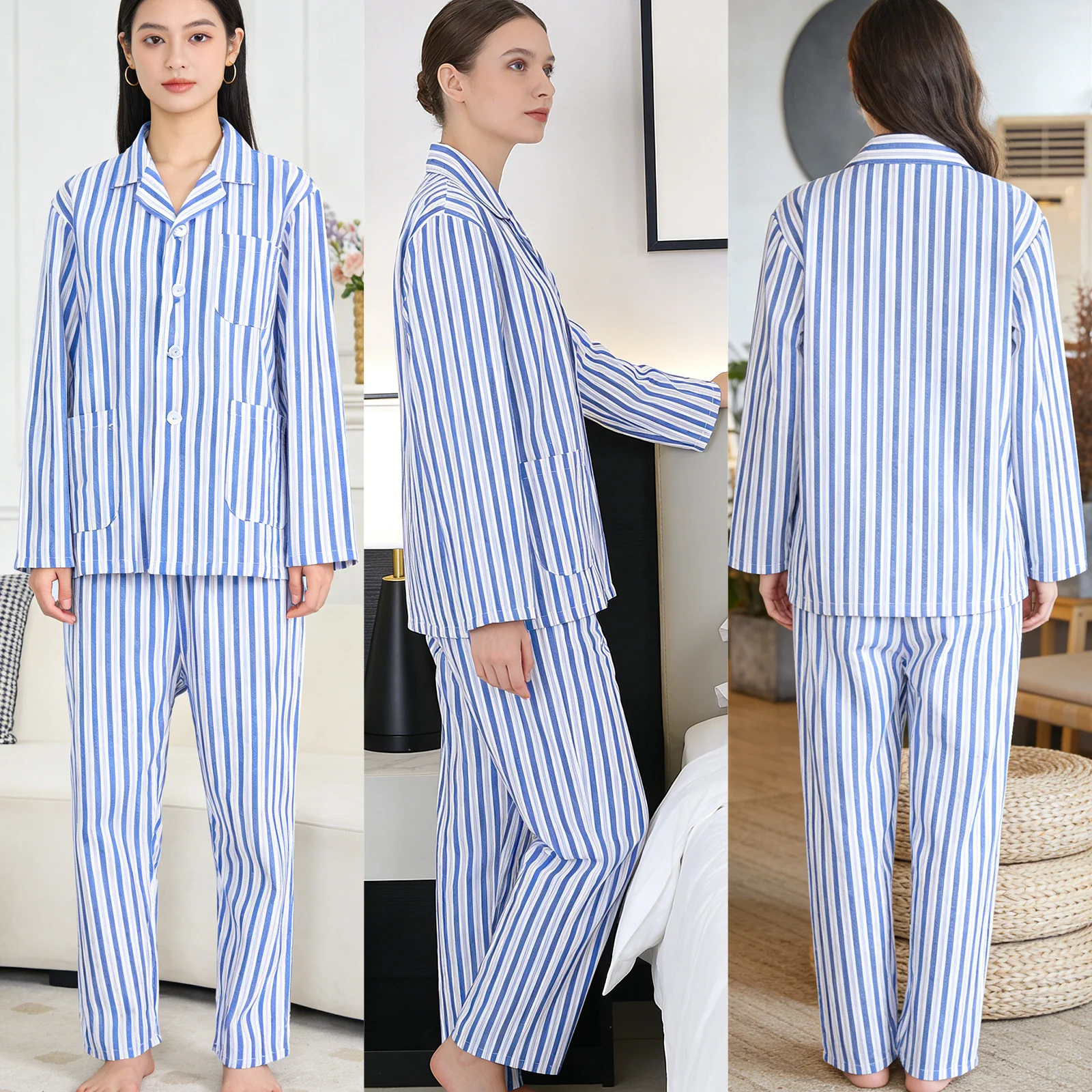 1 ensemble 1 ensemble pyjama en coton à manches longues hôpital vêtements de nuit bleu blanc rayure adulte Patient vêtements maison porter pyjama ensembles