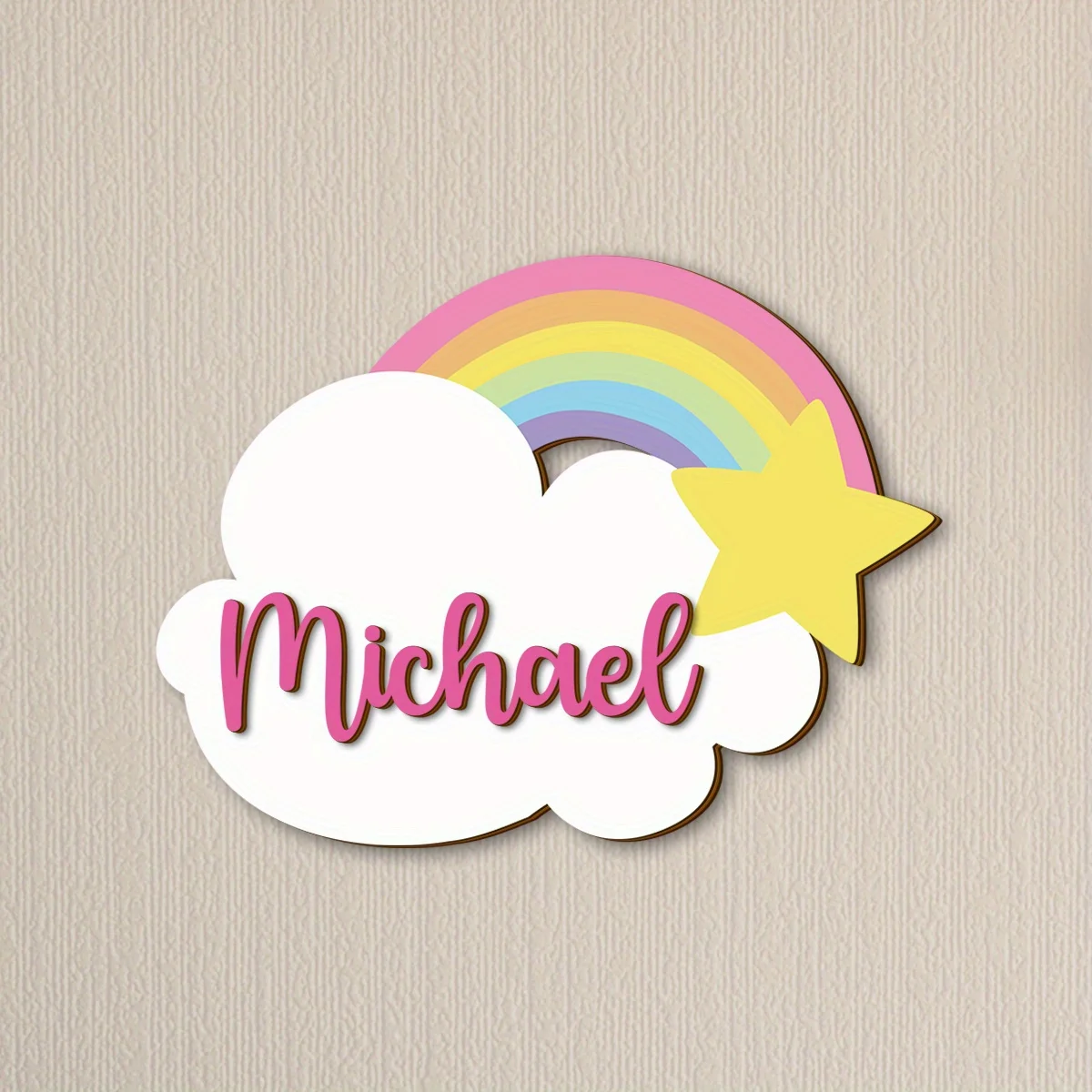 Custom-Made Rainbow Wooden Name Sign with a Two-Layer Design, Showcasing Gentle Cloud And Rainbow Motifs, Ideal for Decorative S