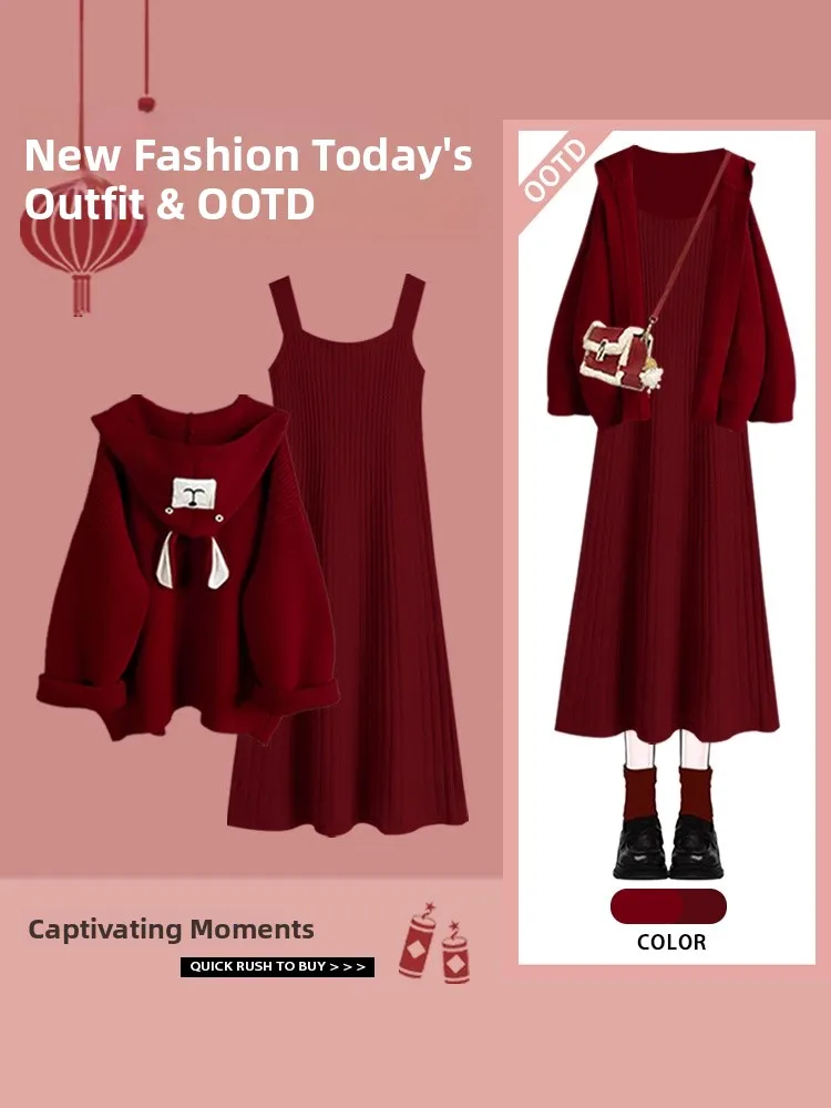 

Red Knitted Hoodie And Skirt Two-Piece Set Christmas Atmosphere Autumn Winter Casual Style Women's High Waist Slimming S...