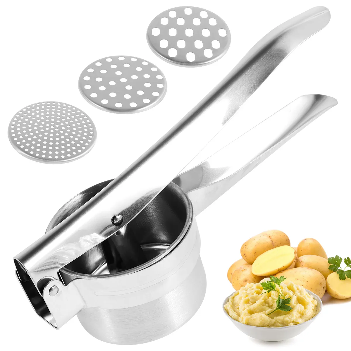Potato Masher Stainless Steel Potato Ricer With 3 Interchangeable Discs Manual Potato Pressure Labor Saving Press Kitchen Tool