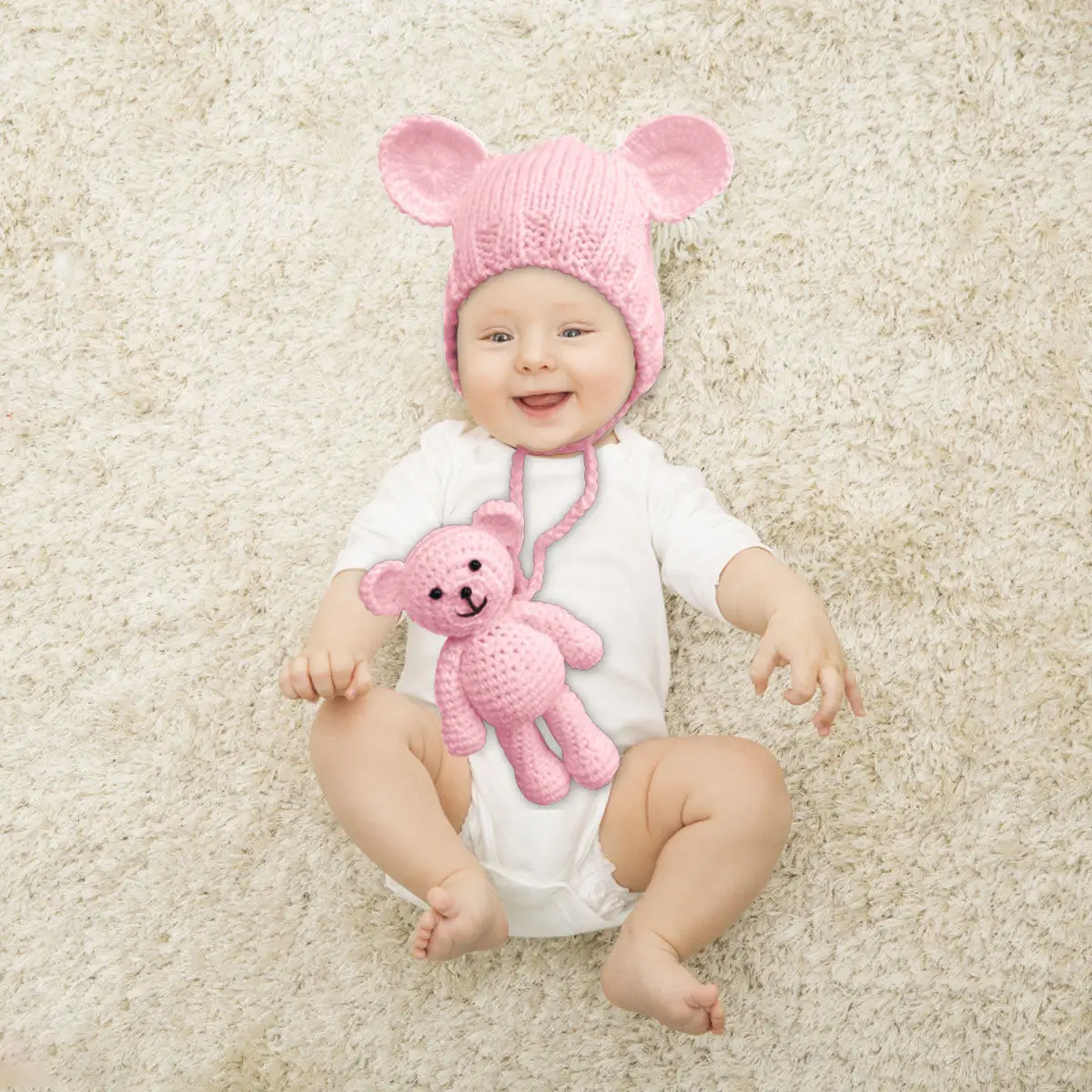 

Newborn Baby Knitted Photography Hat for 0-6 Months Light Pink Bear-Ear Design Soft Comfortable Photo Prop for Studio Home