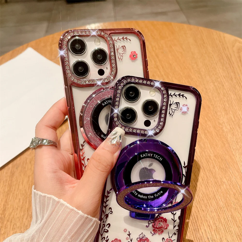 Luxury Flower  15pro Max Case Magsafe Bracket Glitter Diamond 14 15Plus For iPhone 14 11 12 15 13 Pro Max Case Transparent Cover