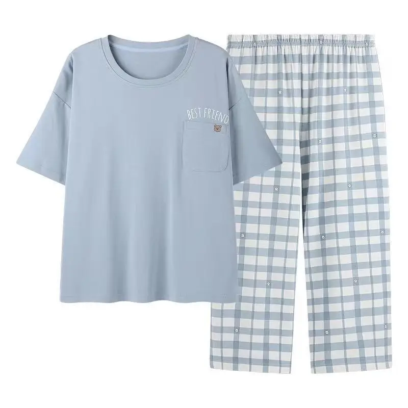 Women\'s Pajamas Loungewear Set New Women\'s Summer Short Sleeve Cropped Pants Fat Ladies Plus Size Loose Summer Loungewear