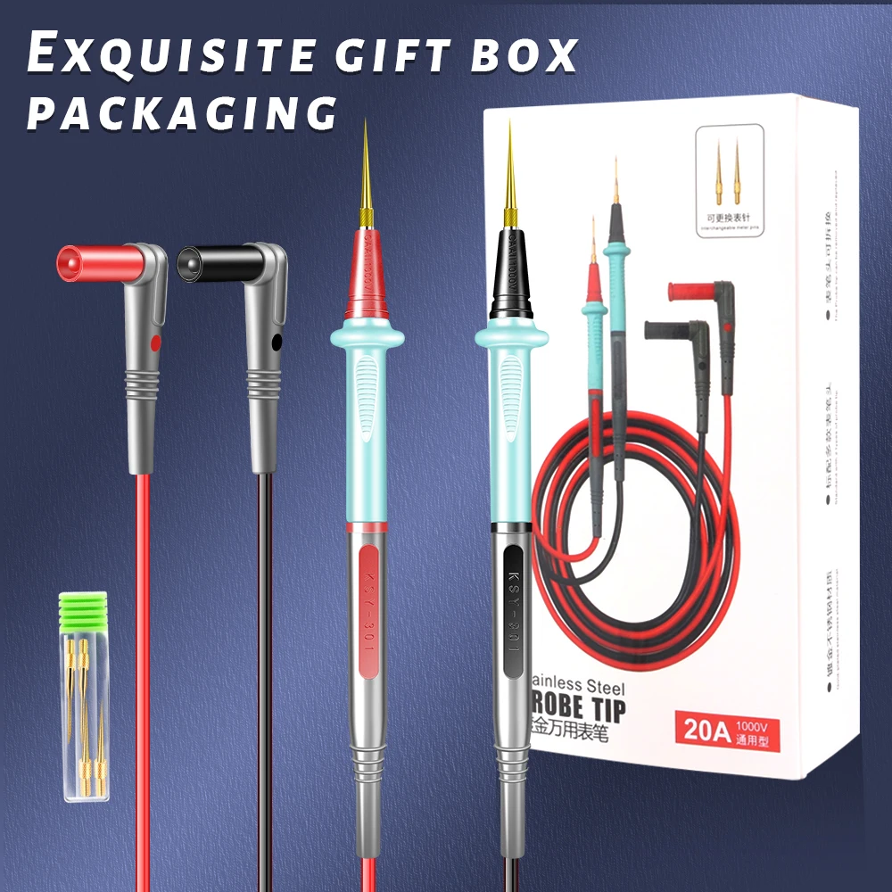Universal Banhado a Ouro Canetas Multímetro Silicone Test Leads Cabos de Aço Inoxidável Fios Tester Sondas Dica Acessórios 1000v 20a