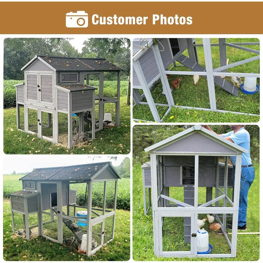 Large Chicken Coops for 6-10 Chickens, Hen House with 2 Nesting Boxes, Poultry Cage with Ramps and Run, Waterproof Roof