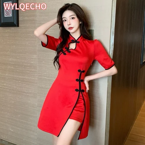 Imagen 1 del producto Qipao Vintage de manga corta para mujer joven, vestido Cheongsam chino ajustado, elegante, informal, Retro, KK4449