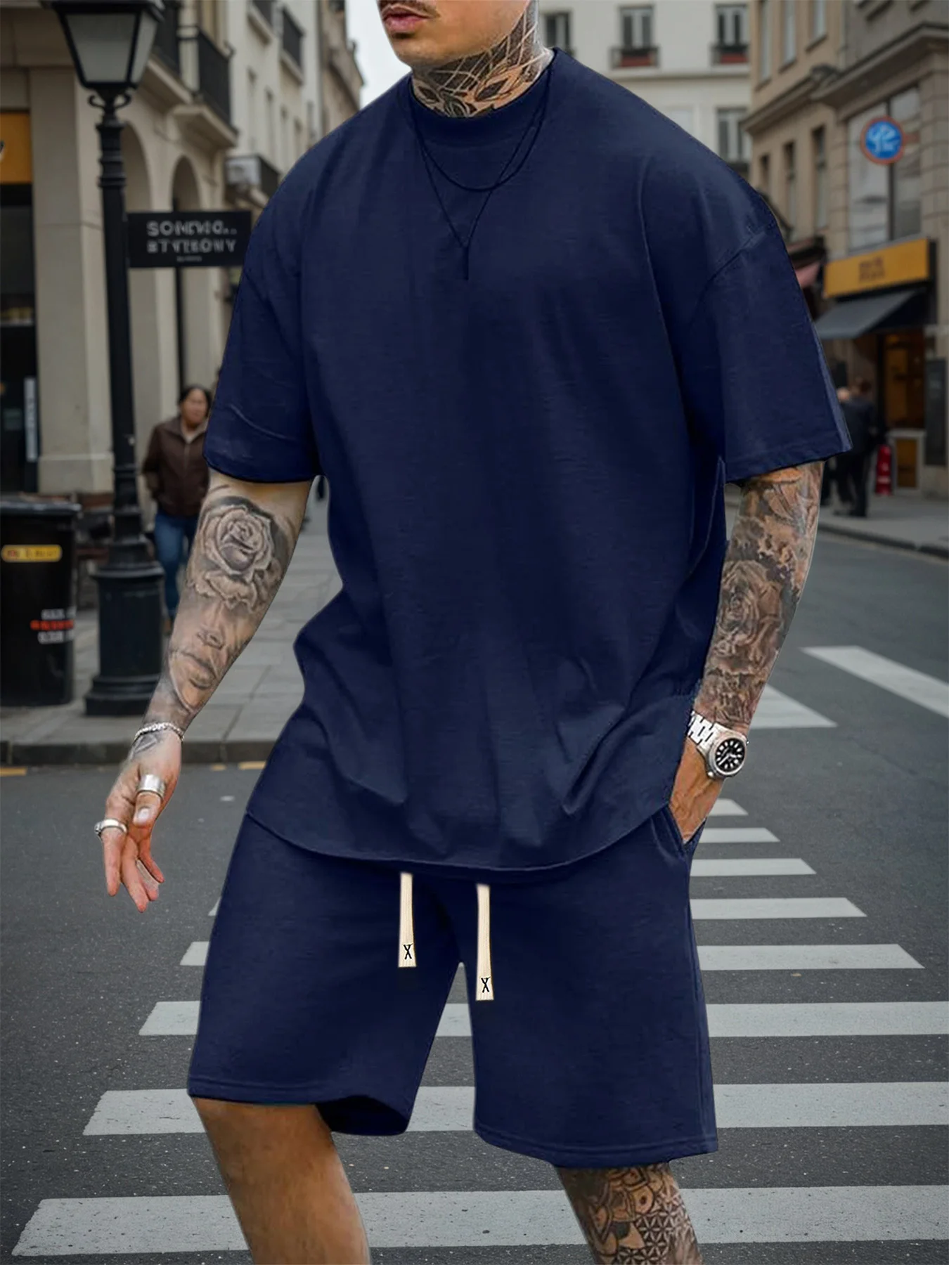 Summer Mens Oversized Plain Matching Tracksuit Smooth Ice Silk Fabric Relax Fit Short Sleeve Tee Side Pocket Shorts Soft Cooling - view 6