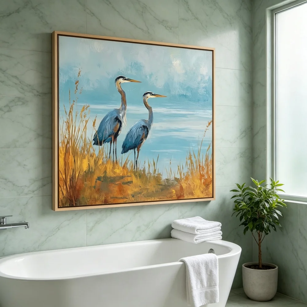Hand Painted Blue Heron Bird Oil Painting - Modern Impasto Landscape Wall Art with Golden Reeds Lake for Nature Home Decor