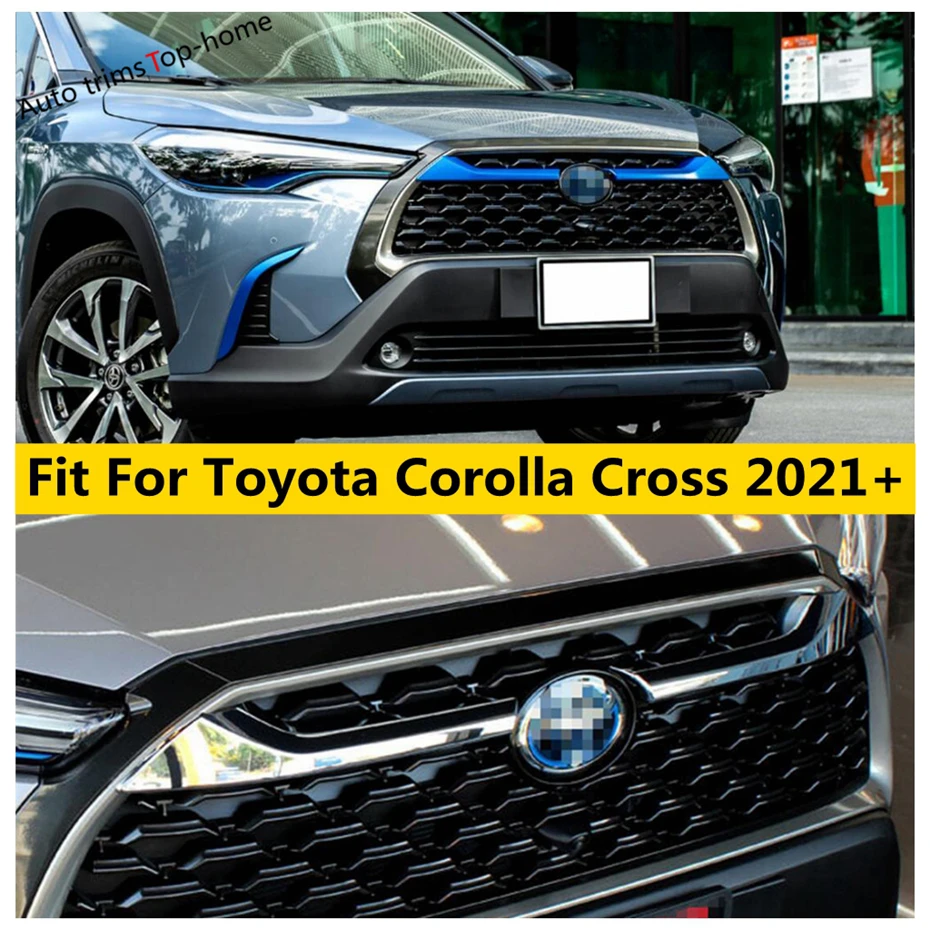 Upper Front Center Grille Grill Mesh Face Decor Strip Cover Trim For Toyota Corolla Cross 2021-2023 ABS Chrome /Blue Accessories