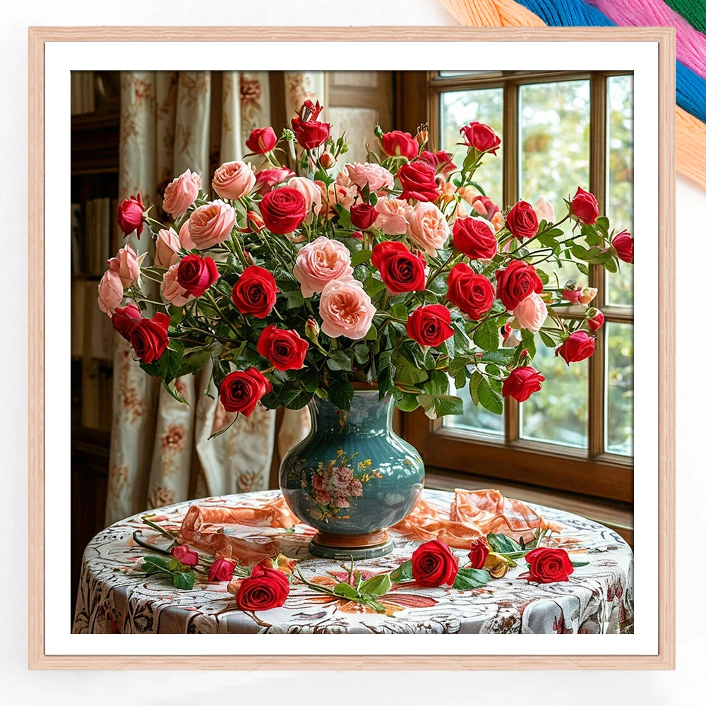 Vasen-Motiv 11CT Kreuzstich-Set mit Rosen, Komplettes Stickerei-Kit mit DMC-Fäden, Blumen-Hobby Handarbeit Malerei Handwerk