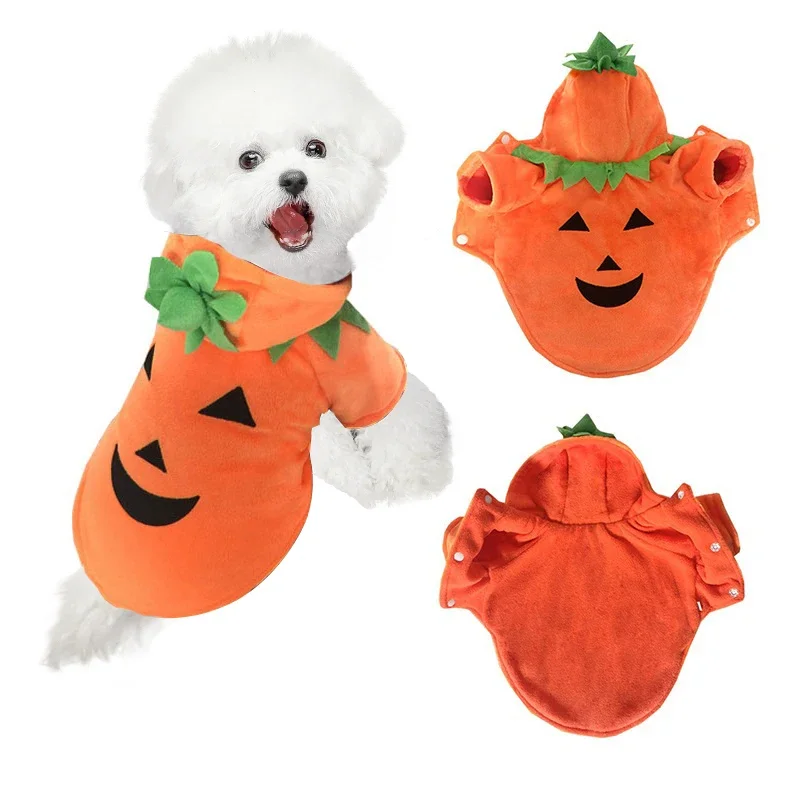 

Cute pet Halloween dog clothes funny pumpkin winter warm anti-static pet two-legged costume small dog change suit