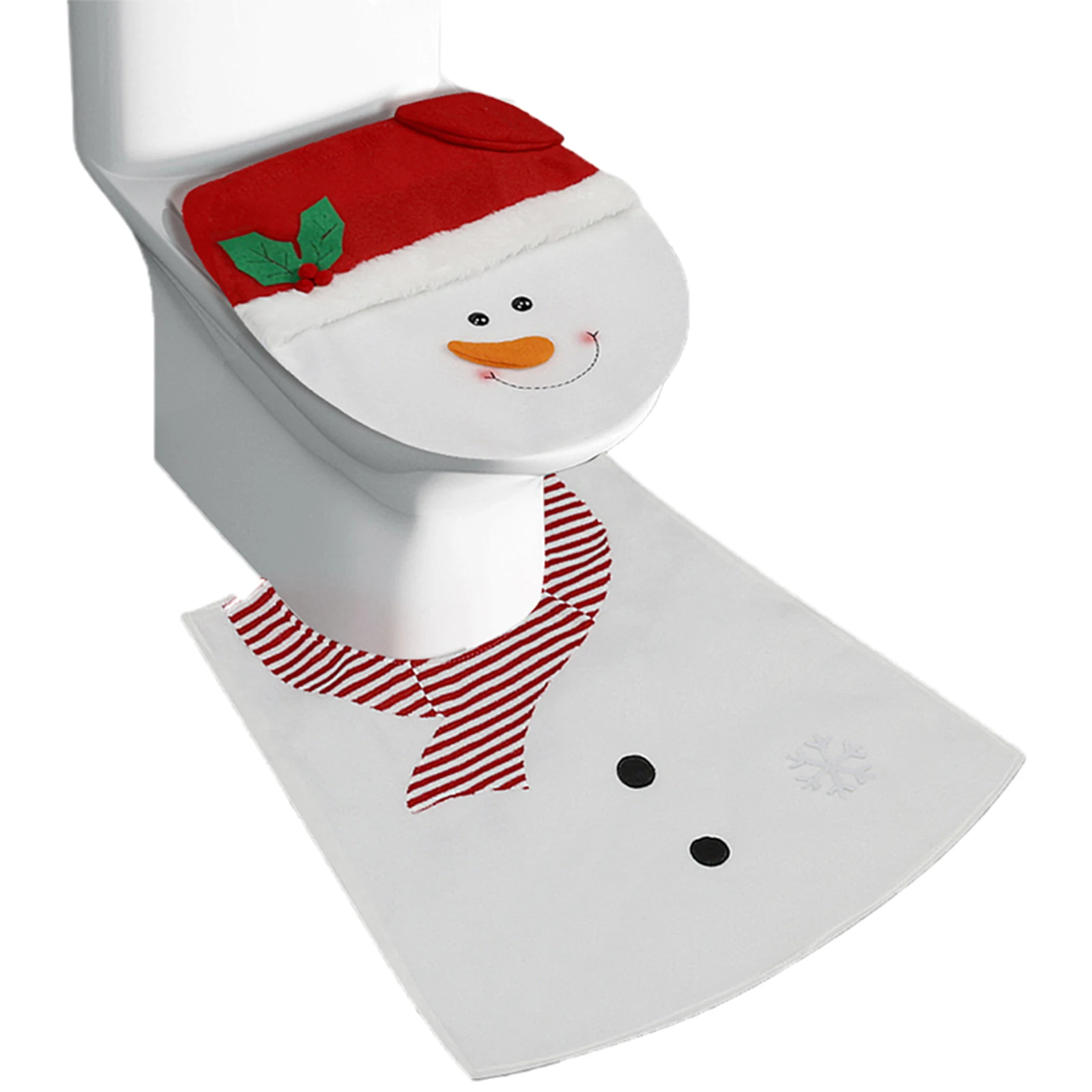 Santa Snowman Reindeer Print Lid Cover + Contour Rug Kit Christmas Toilet Seat Cover Set