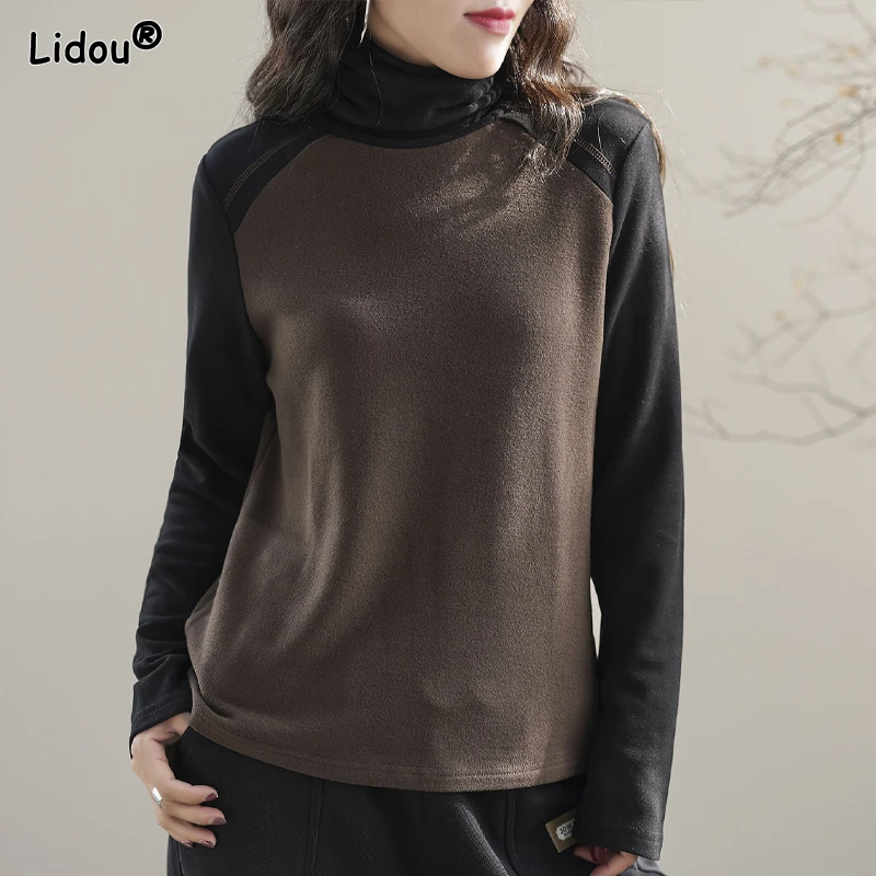 Patchwork Bottoming Round Neck Loose Women's Clothing Solid Color T-Shirts Comfortable Office Lady Fashion Casual Spring Autumn