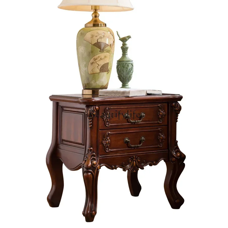 LJYFG52American bedroom retro all solid wood bedside table two drawers carved bedside locker