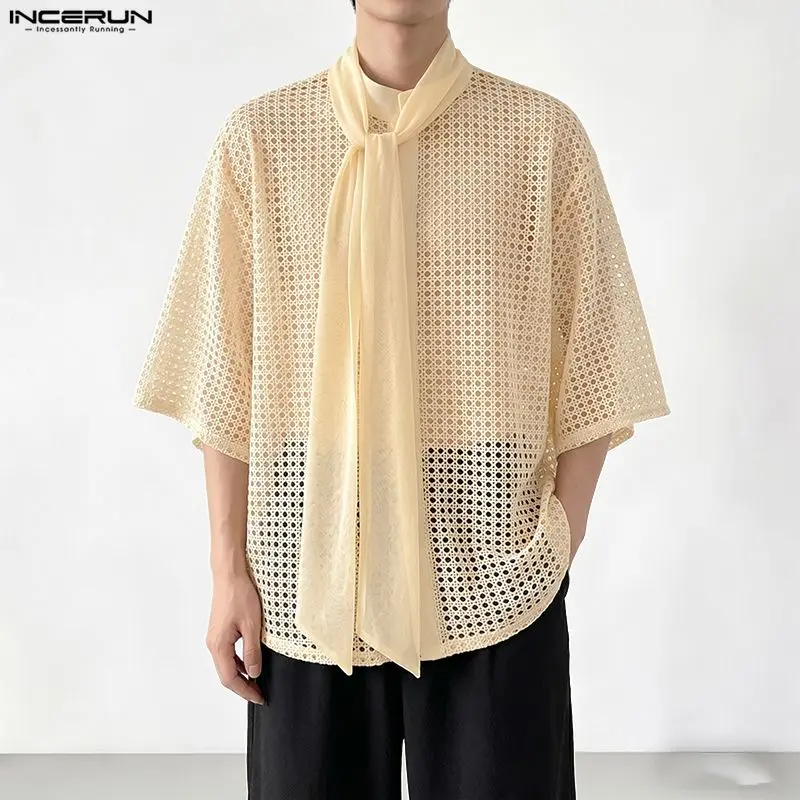 INCERUN Men's Shirt Mesh Patchwork Hollow Out Half Sleeve Lace Up Men Clothes Streetwear Loose 2026 Fashion Casual Tops Camisas