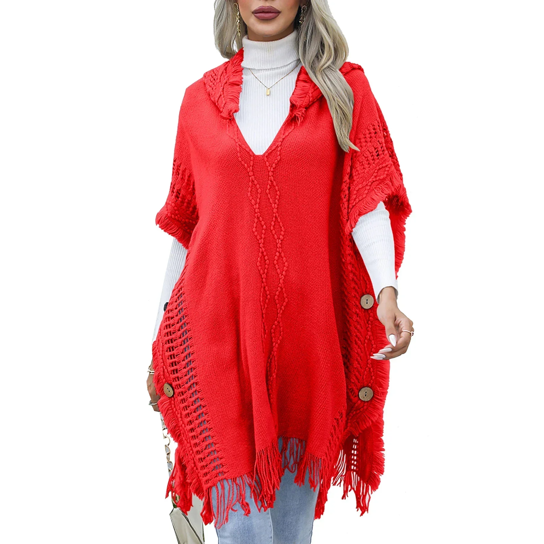 

Temperamental Knitted Large Knitted Sweater Women's Cloak Pullover Wrap Tassels Sleeveless Versatile Retro Irregular Shawl