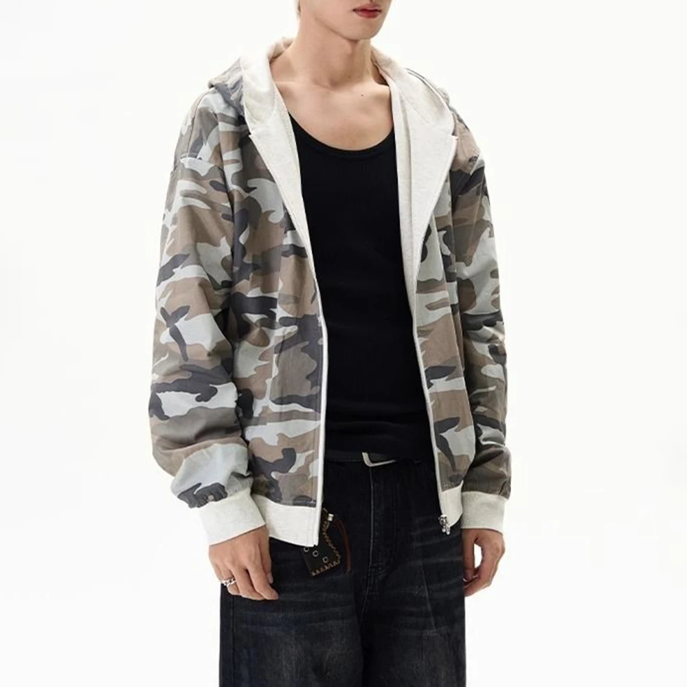 Autumn And Winter American Street Retro Fashion Double-Sided Camouflage Hooded Sweatshirt Unisex Short Cardigan Jacket Tops Men