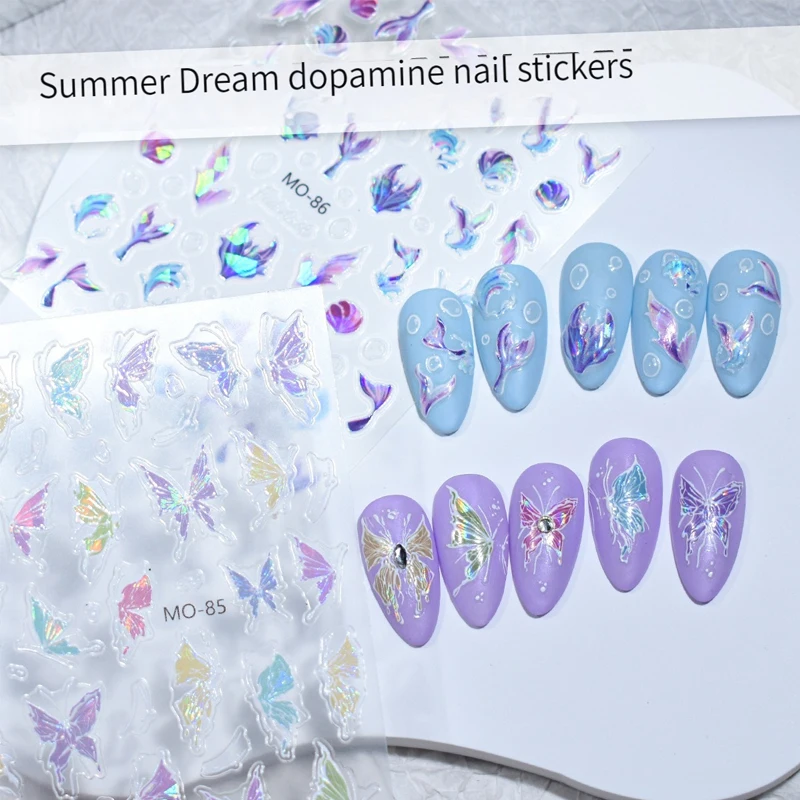 

3D Nail Art Stickers Aurora Butterfly Relief Sticker New Color Human Fishtail laser sticker Animal Slider Nail Decoration