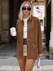 Autumn New Vintage Solid Suede Coat Women 2024 Button Up Long Sleeve Pockets Outerwear Streetwear Fashion Office Lady Jackets