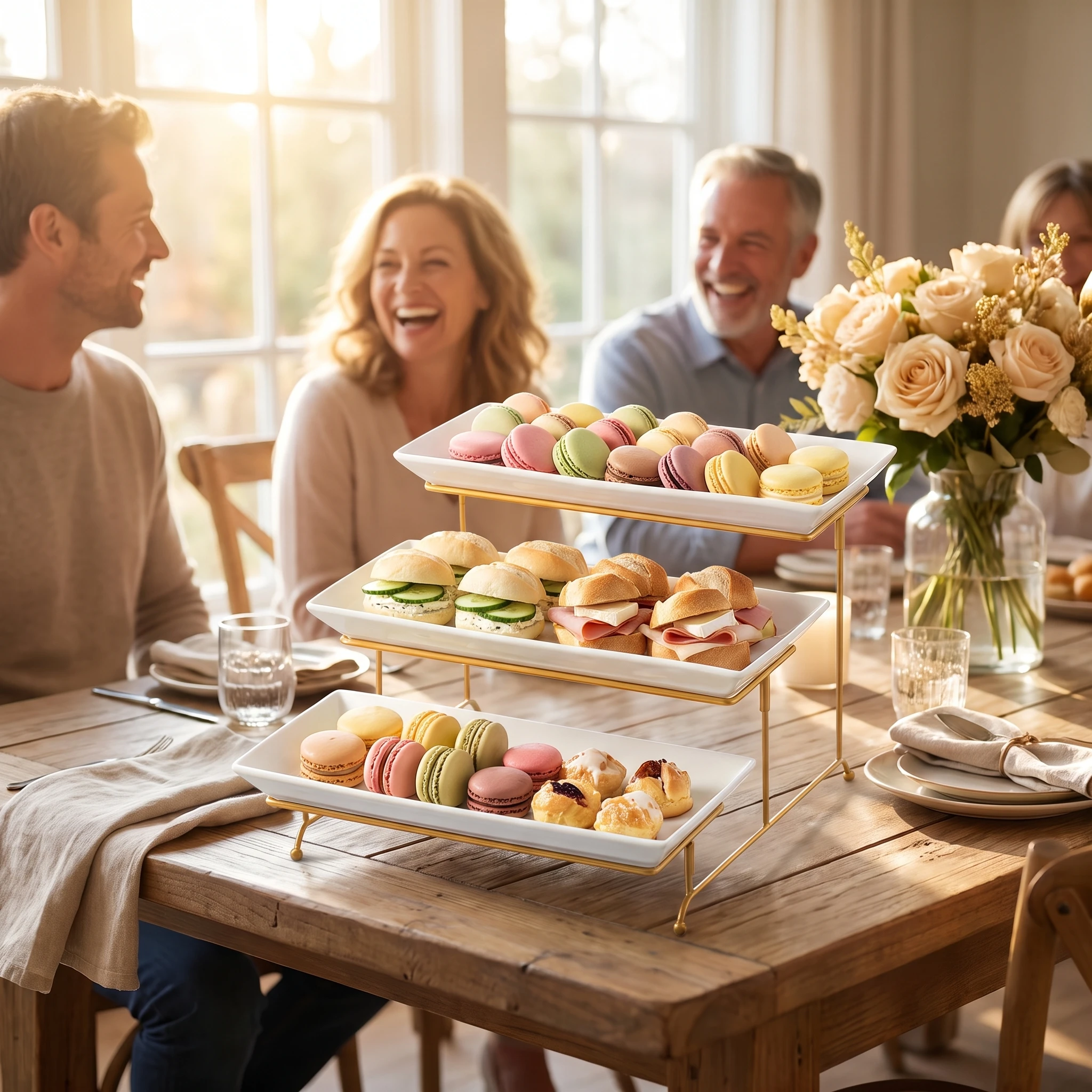 Large 3 Tier Porcelain Serving Stand with Gold Metal Rack, Space Saving Rectangular Dessert Platters for Fruit, Cake, Sandwiches & Party Food, Easy Assembly, Dishwasher Safe Kitchen Tableware