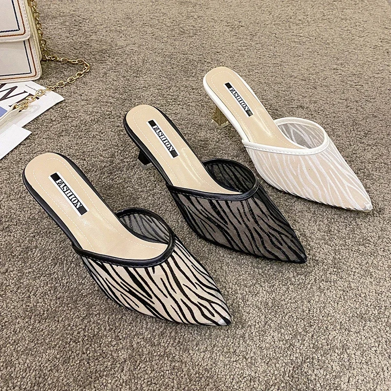 Baotou Half Slippers Women's 2024 Summer New Breathable Mesh Water Diamond Pointed Thin High Heel Mesh Cool Slippers