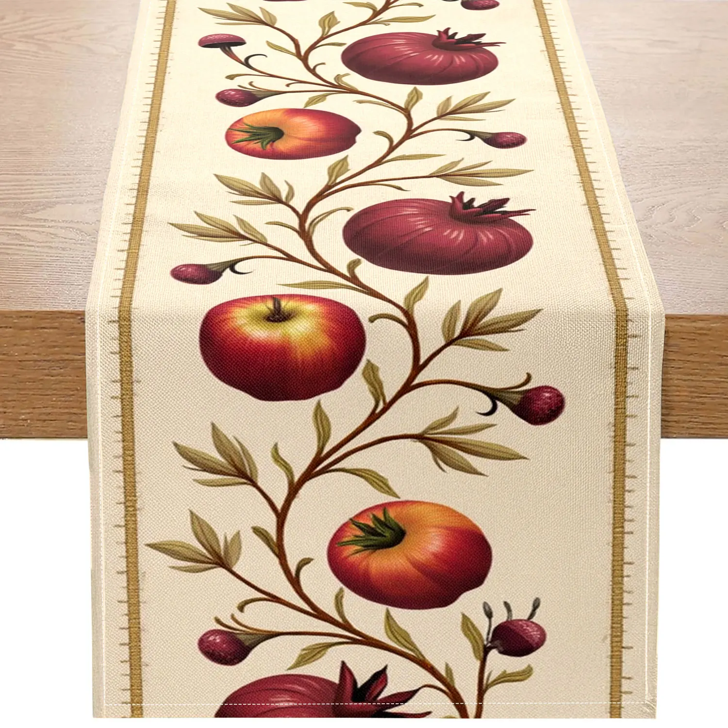 1 Piece of Harvest-Themed Table Runner, Decorated with Pomegranate, Apple, and Berry Patterns, Suitable for Harvest Festival and Pastoral Style Decoration