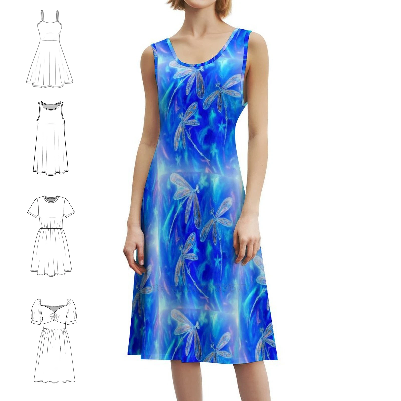 Starry Starry Dragonflies Vintage Bohemian Dress Puff Sleeve Or Sleeveless Options For Women Dress Starry Night Dragonflies