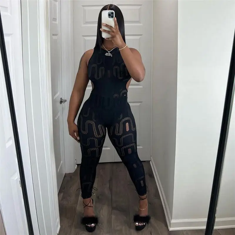 2023 Summer Women's Hollow out Slim Fit Sporty Jumpsuit High Waist Long Pants Cross-Border Fashionable Casual Trousers