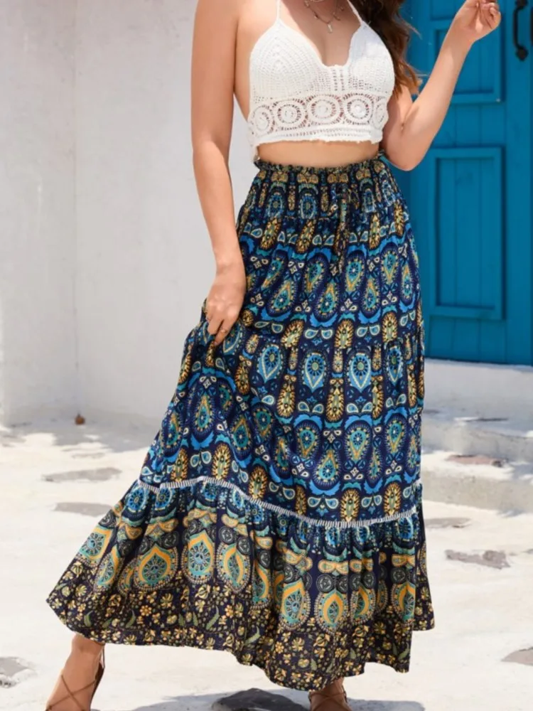 

Boho Beach Party Skirt Women Summer Seaside Vacation High Waisted Beach Skirt Large Hem Vacation Print Casual Long Skirts