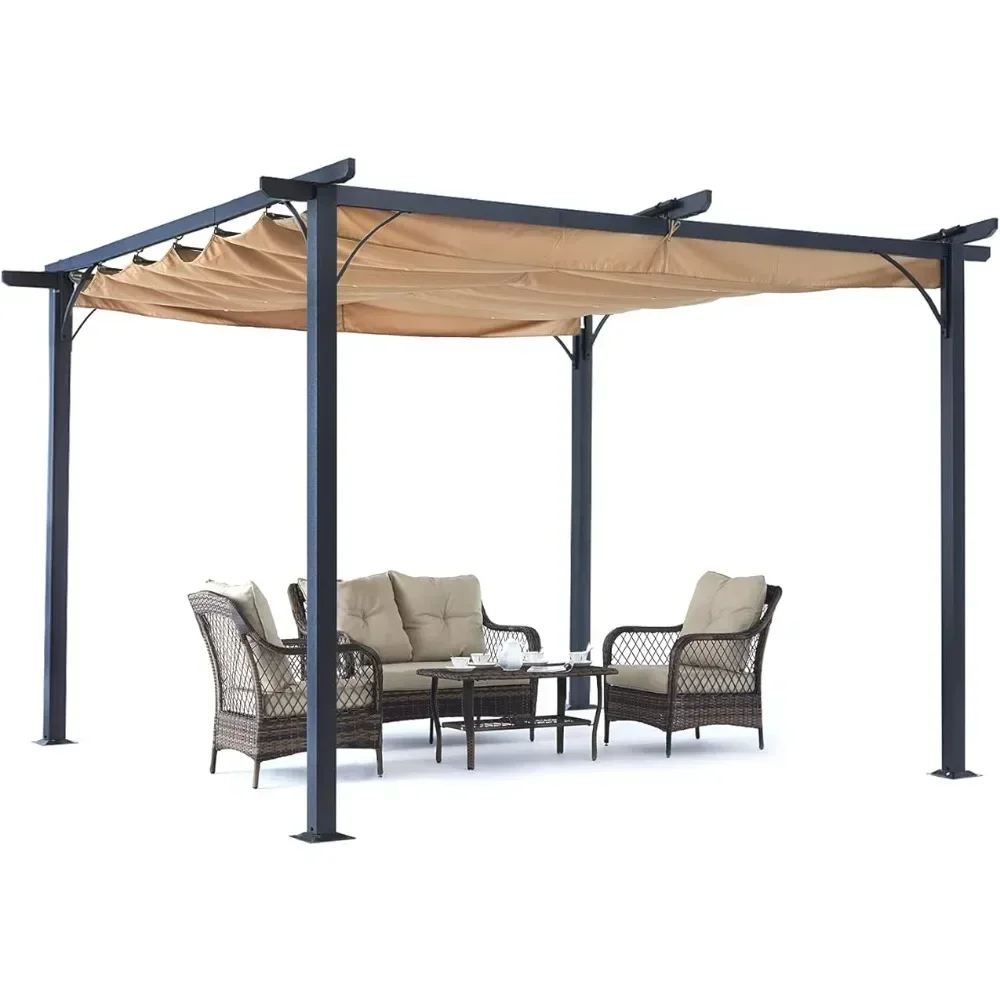 Creativity 10x10 - Outdoor Sun Shade Canopy With Retractable Shade For Garden Porch Backyard (Khaki) Camping Tent Tents Beach