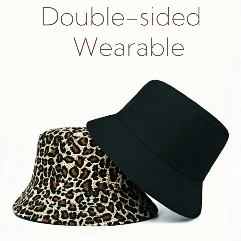 1pc Canvas Leopard Print Fisherman Hat Double-sided Wearable, Outdoor Travel Sun Hat, Cycling Hat