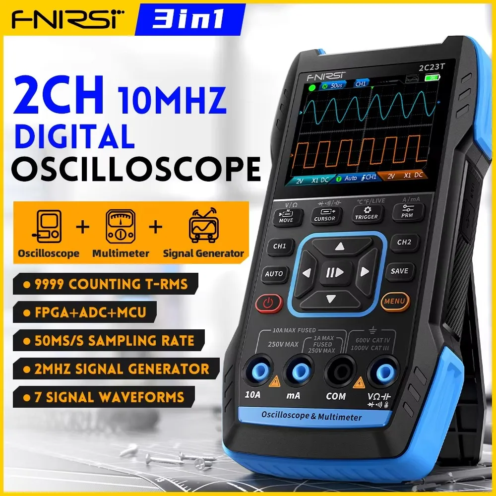 

FNIRSI 2C23T Handheld Digital Oscilloscope Multimeter + Function Signal Generator 2023 Latest 3IN1 Dual Channel 10MHZ*2 50MS/s