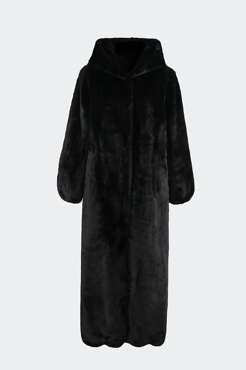 Nerazzurri Autumn Winter Extra Long Luxury Elegant Thick Warm Black Soft Fluffy Faux Rex Rabbit Fur Coat Women with Hood Sashes