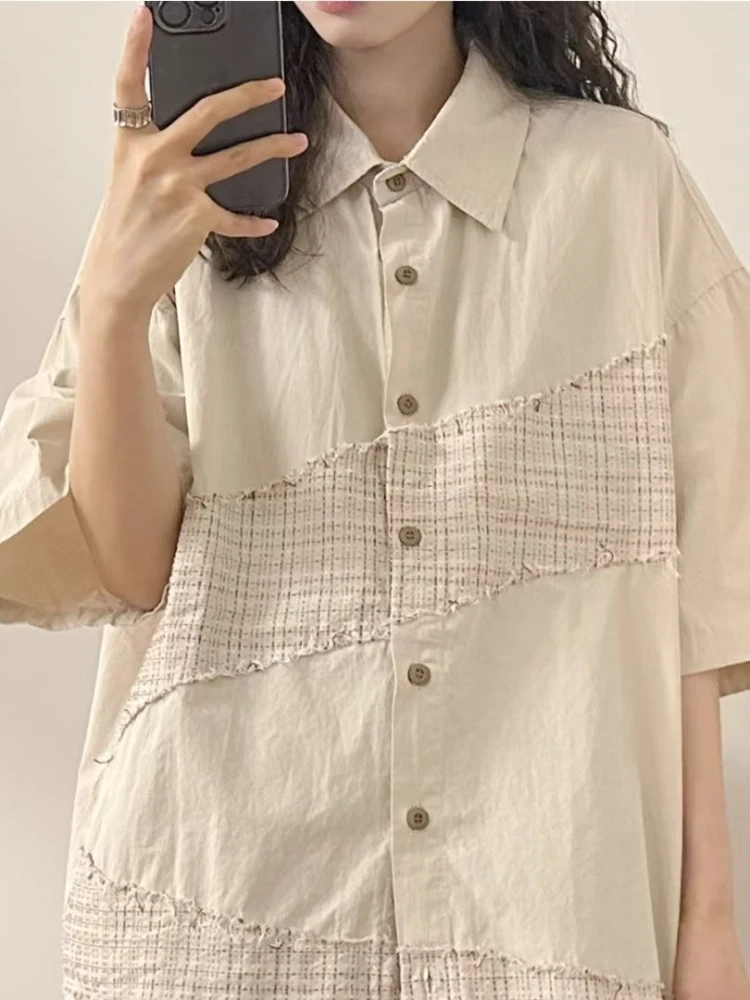 Patchwork Shirts Women Summer Breathable Leisure Simple American Retro Girlish Temperament Hipster Stylish Advanced City Boy