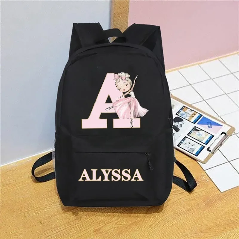 Girls Personalised Ballerina Printed Backpack Dancer Letter Design Girls Nursery Child Pre School Rucksack School Bag Backpack