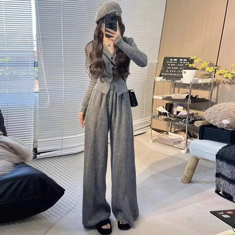 Temperament Fashion V-neck Knit Cardigan Pants Two-piece Set Women Korean Single Breasted Soft Solid Gentle Slim Chic Lady Suit