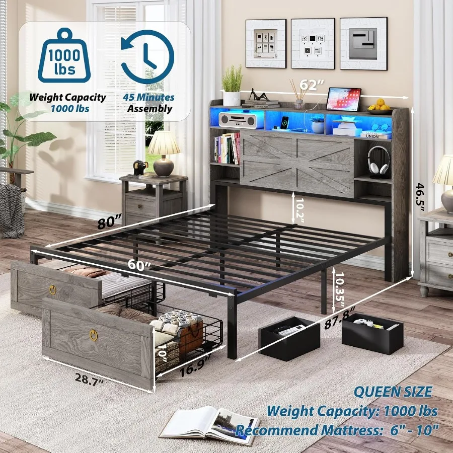 Bed Frame with Storage Headboard, Farmhouse Wood Bed Frame Size with 4 Drawers, LED Light and Charging Station, Metal Slats Sup