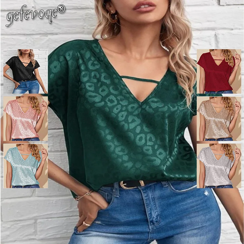 

Office Lady Sexy Leopard Printed Solid Blouse Spring Summer 2024 New V-Neck Short Sleeve Loose Pullovers Tops Women's Clothing