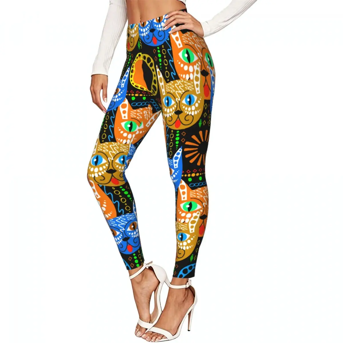 Colorful Tribal Ethnic Cats Women Leggings High Waisted Stretch Tights Workout Running Pants