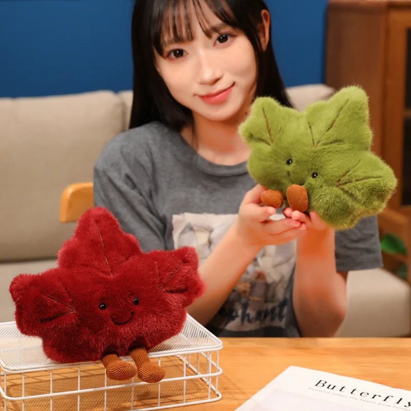 Cute Maple Leaf Plush Pillow Stuffed Red Green Plant Cushion with Legs Smiling Face Cute Plushie Sofa Chair Decor Gift