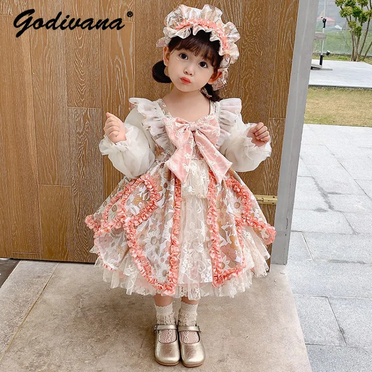 

Baby Girls Sweet 2026 Spring and Autumn New Long Sleeve Lolita Dress Kids Fashion Floral Bow Ruffle Trim Birthday Tulle Dresses