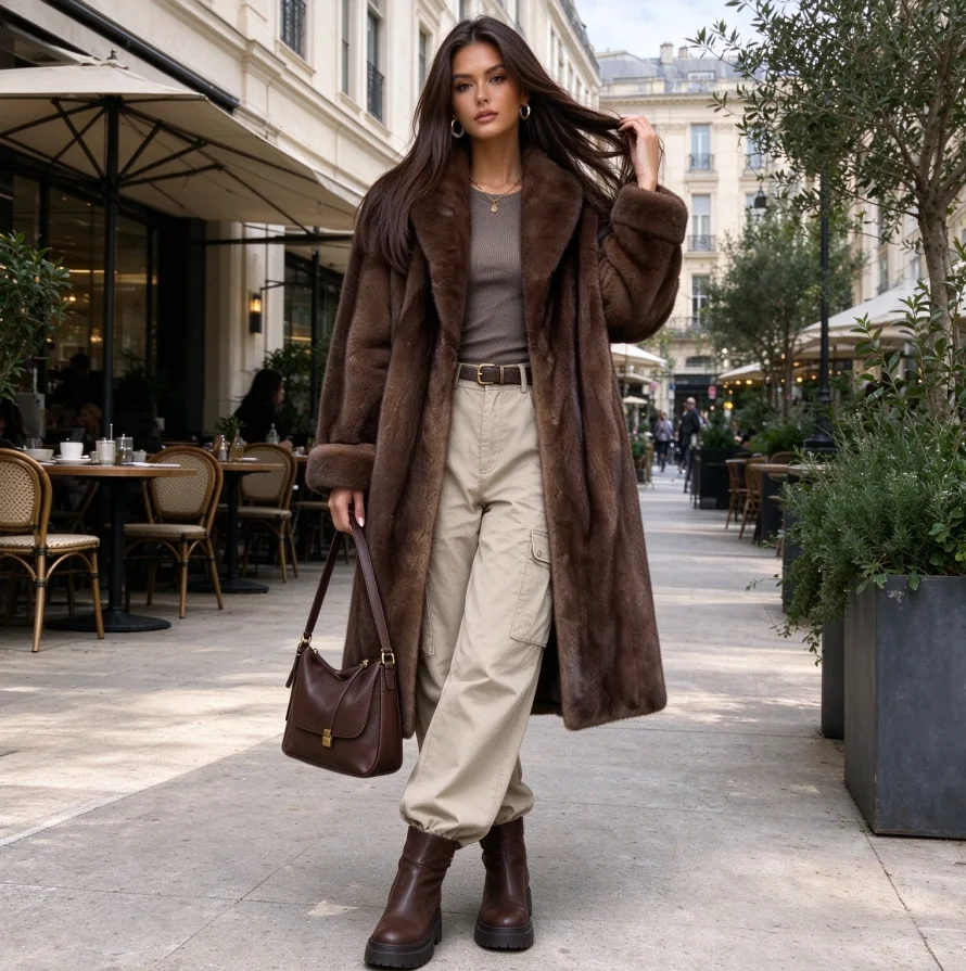 Women Faux Mink Fur Cardigan Outerwear Jacket Fur Coat Winter Turn Down Collar Spliced High Street Spliced Fox Fur Trench