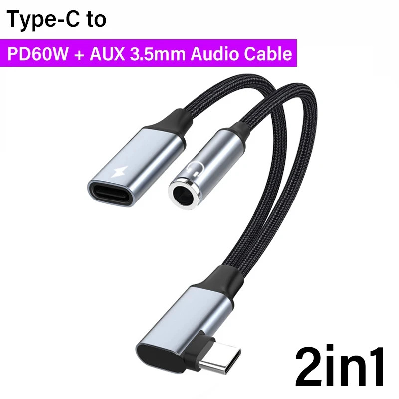 Kabel audio 2w1 USB C do AUX 3,5 mm PD60W Kabel szybkiego ładowania typu C do 3,5 mm Aux do słuchawek Xiaomi Redmi Huawei Samsung