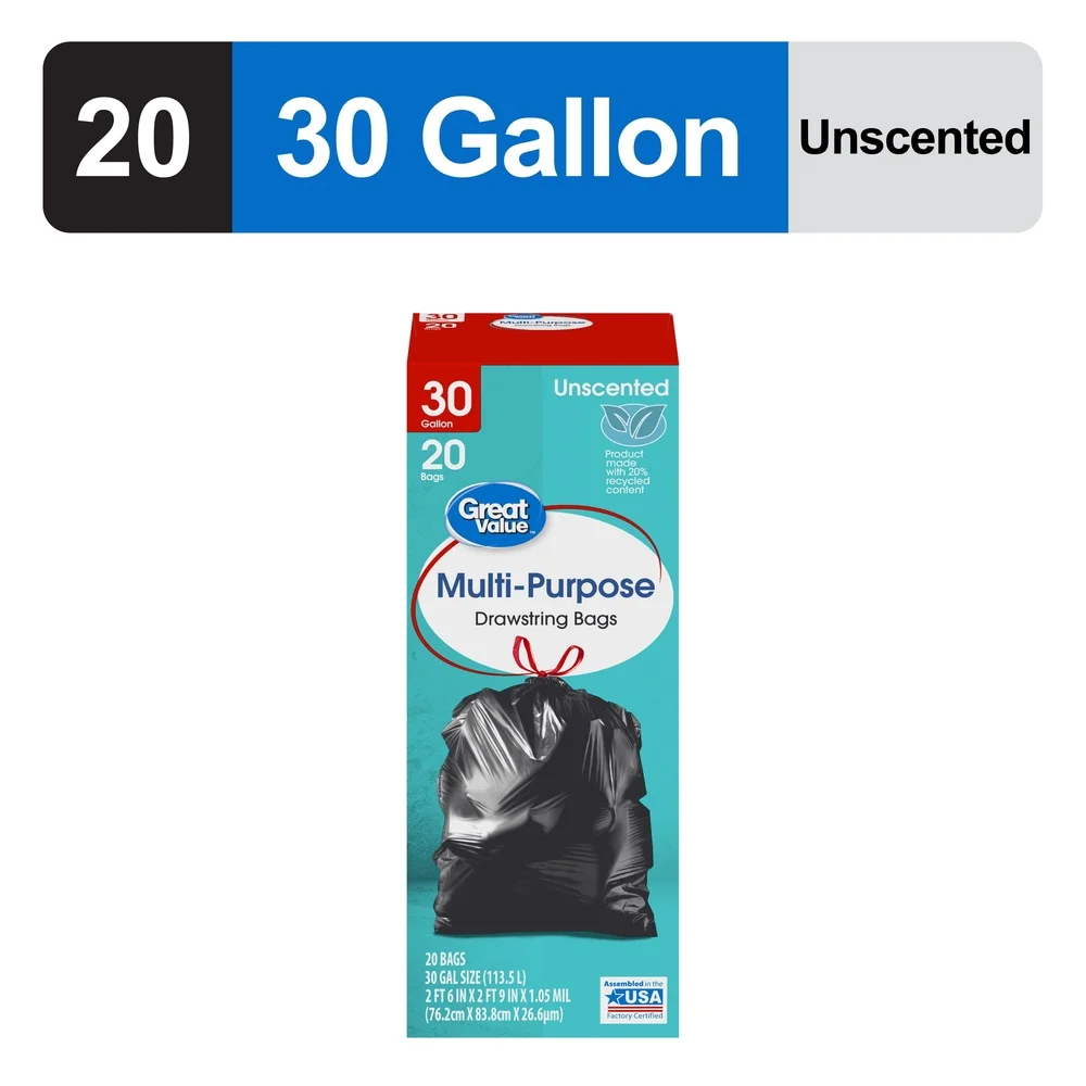 30 Gallon Drawstring Trash Bags Heavy Duty Multi-Purpose Garbage Bags 20 Count Puncture Resistant Easy Tie Closure Residential