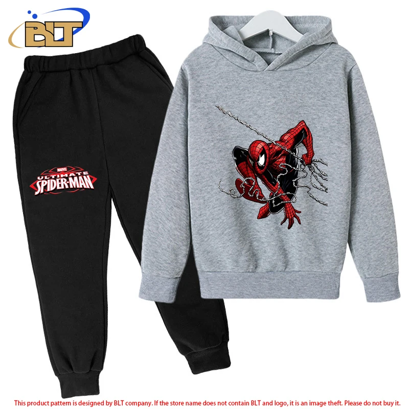 Spider-Man children's fleece hoodie suit gray sports sweatshirt pants two-piece suit for boys and girls