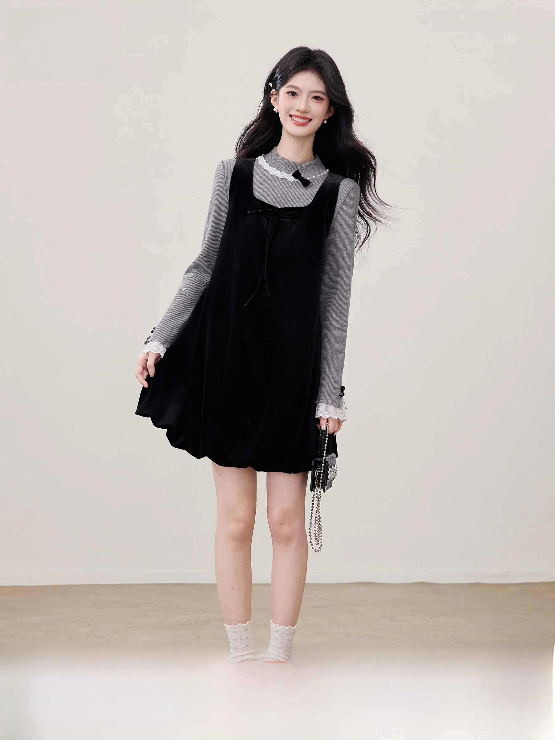 

Lingjiu Velvet Halter Dress Knot Square Collar Women's Fashion Soft Polyester A-Line Skirt Long Sleeve Princess Style