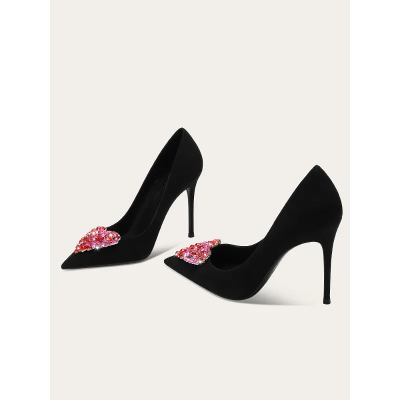

Elegant Pointed Toe High Heels with Ruby Heart Rhinestones Women Dress Shoes for Party